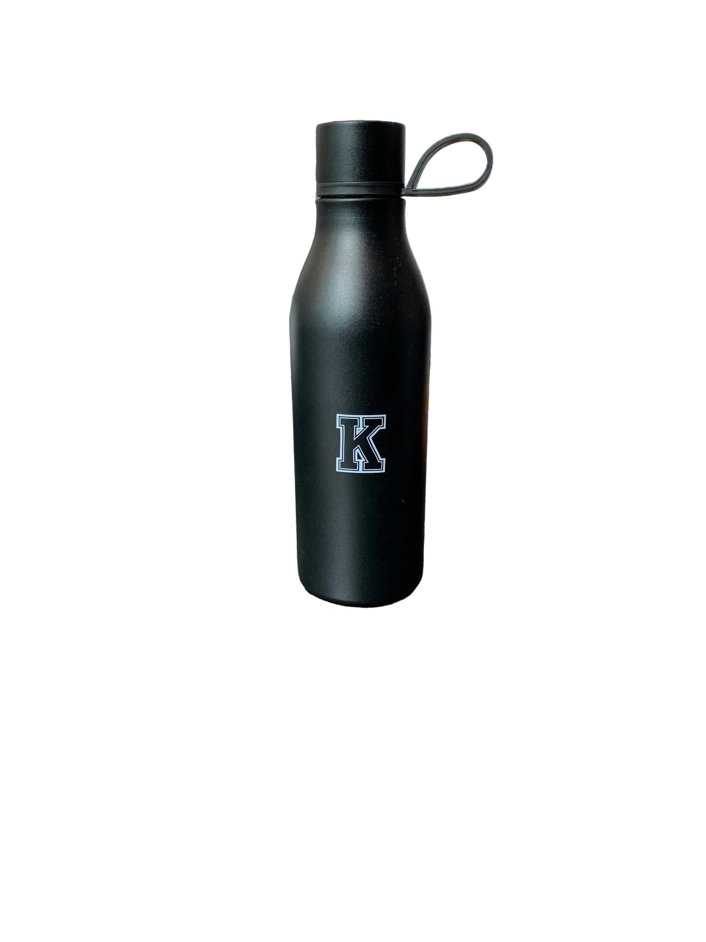 A matte black insulated water bottle with a carrying loop and a silver outlined letter 'K' on the front